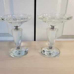 Pair of 2 Clear Glass Crystal Taper Pillar Candle Holders 3.75" Diameter EUC